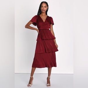 Lulus Twirl-wind Romance Burgundy Pleated Satin Tiered Midi Dress
